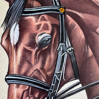 Close-up of the horse’s eye, white blaze and black bridle with a gold button, painted in fine brush strokes