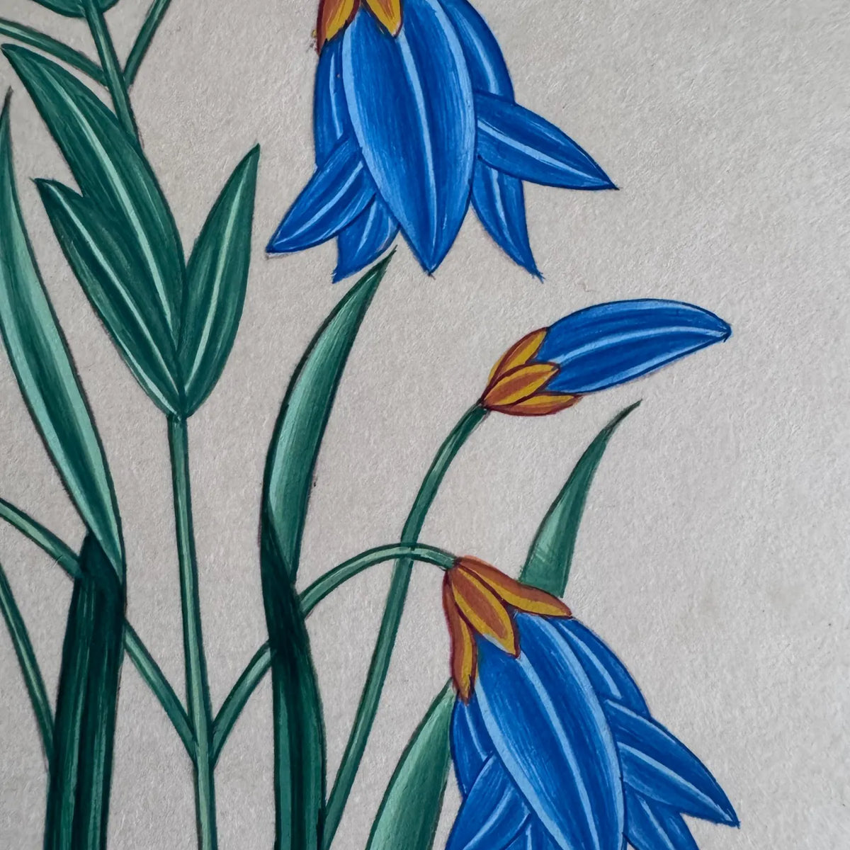 Close-up of three nodding blue bellflowers with orange-tipped buds among green leaves, painted on handmade paper