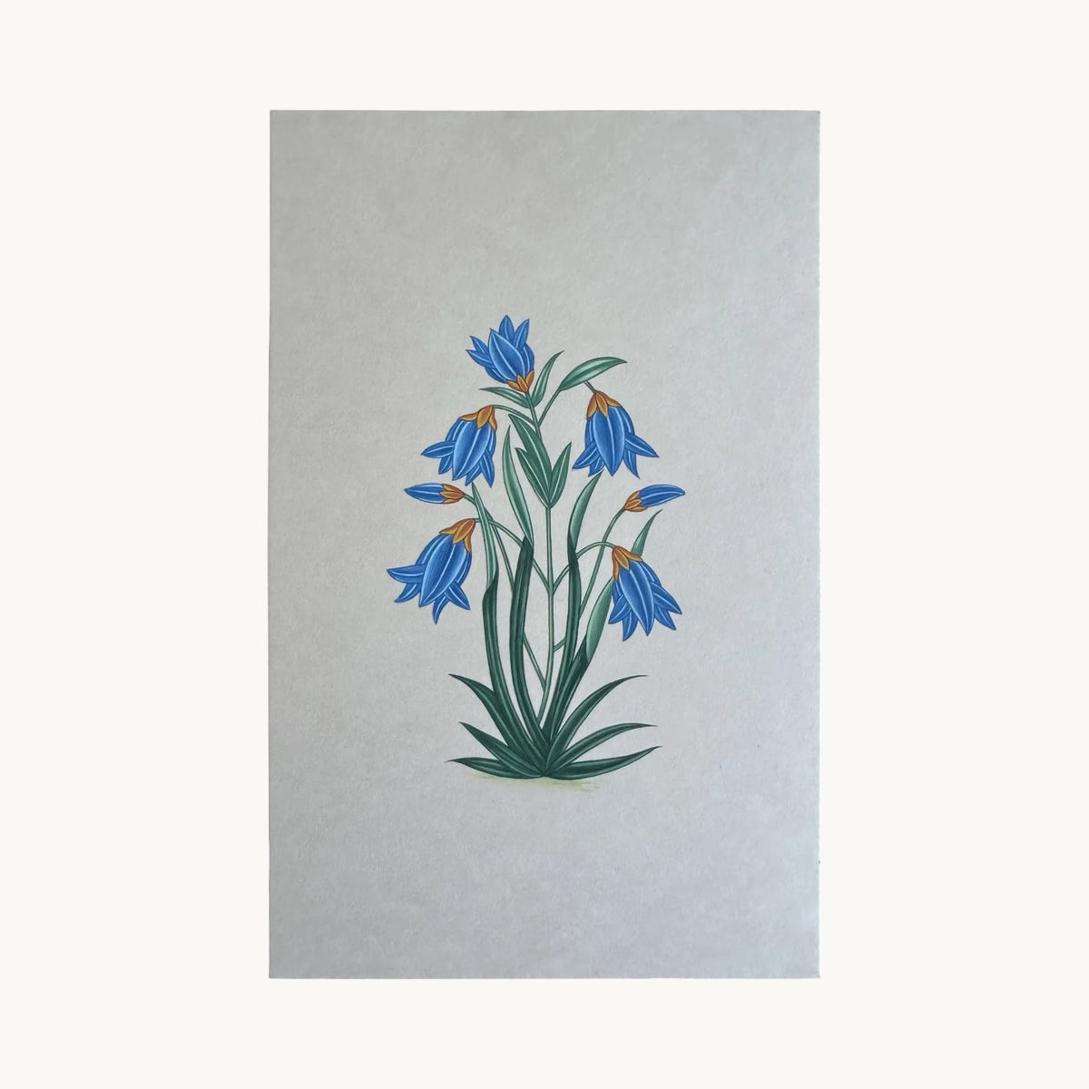 Original miniature painting of nodding blue bellflowers with orange-tipped buds, on handmade paper