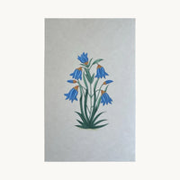 Original miniature painting of nodding blue bellflowers with orange-tipped buds, on handmade paper