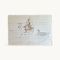 Original miniature painting of a Maharaja in a turban raising a spear on a galloping camel, with a tiger running beside it, on old paper