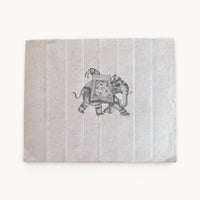 Original miniature painting of a decorated elephant in a patterned blanket and anklets, in dots and fine line on old paper