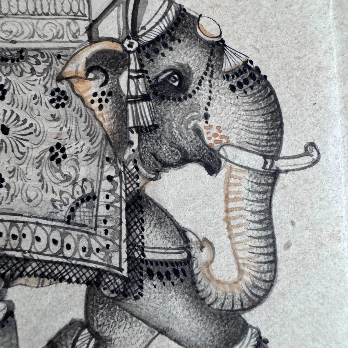 Close-up of the elephant’s head, tusk and trunk with dotted jewellery and a patterned blanket, on old paper