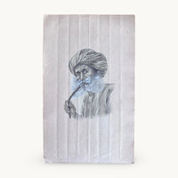 Original miniature painting of an elderly man in a turban with a full white beard, smoking a hookah, in grey tones on old paper