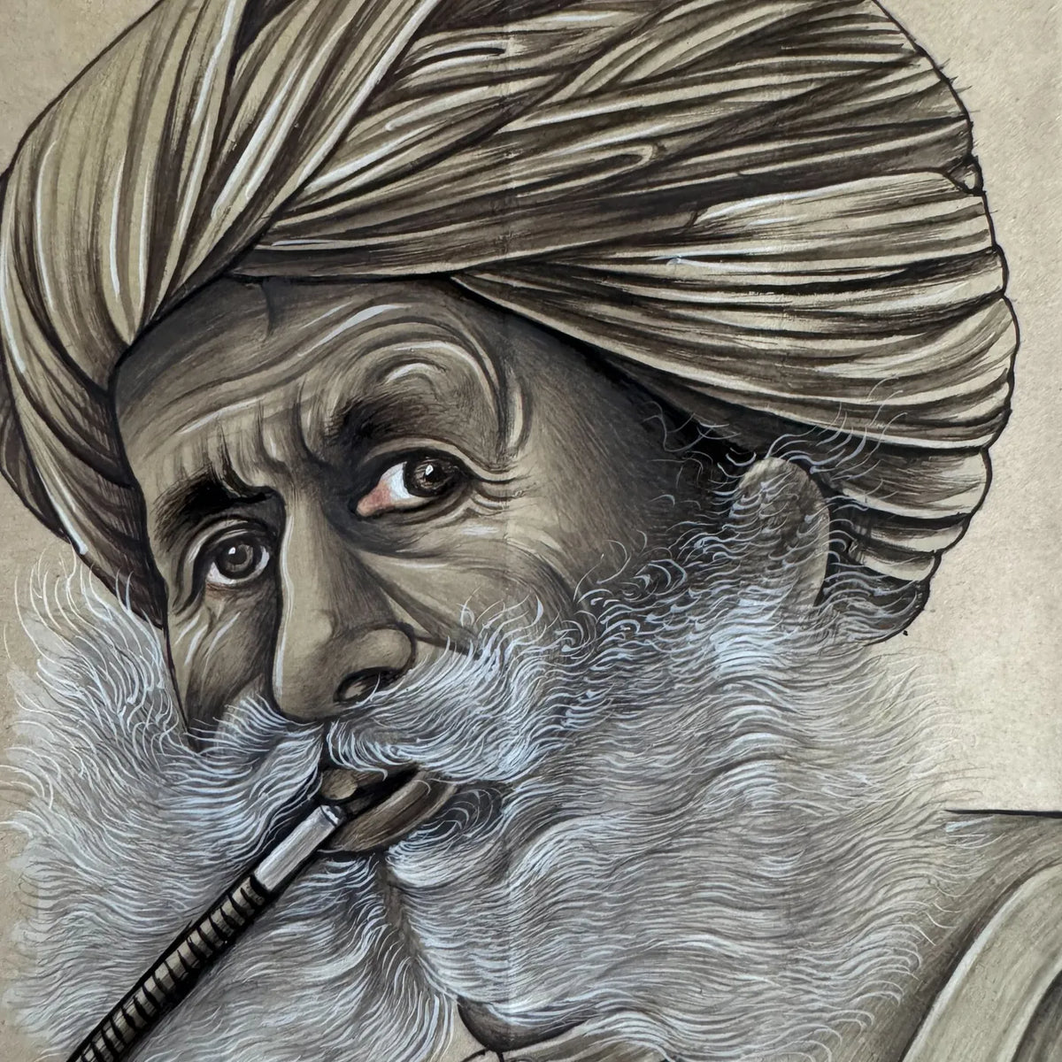 Close-up of the man’s face, turban and white beard, painted in fine dots and lines on old paper