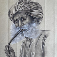 Original miniature painting of an elderly man in a turban with a full white beard, smoking a hookah, in grey tones on old paper