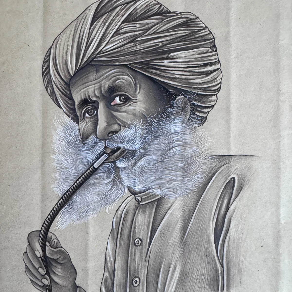 Original miniature painting of an elderly man in a turban with a full white beard, smoking a hookah, in grey tones on old paper