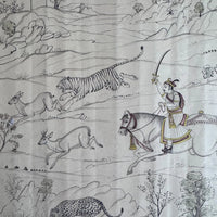 Detail of a Maharaja on horseback raising a sword beside a leaping tiger and two deer, in fine line work on old paper