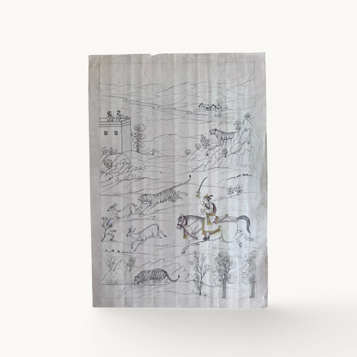 Original miniature painting of a Maharaja on horseback in hill country with a tiger, two deer, a leopard at the water and a lookout tower, in fine line work on old paper