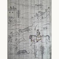 Original miniature painting of a Maharaja on horseback in hill country with a tiger, two deer, a leopard at the water and a lookout tower, in fine line work on old paper