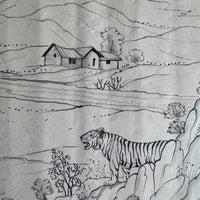 Detail of a tiger standing on rocks above a small house in hill country, in fine line work on old paper