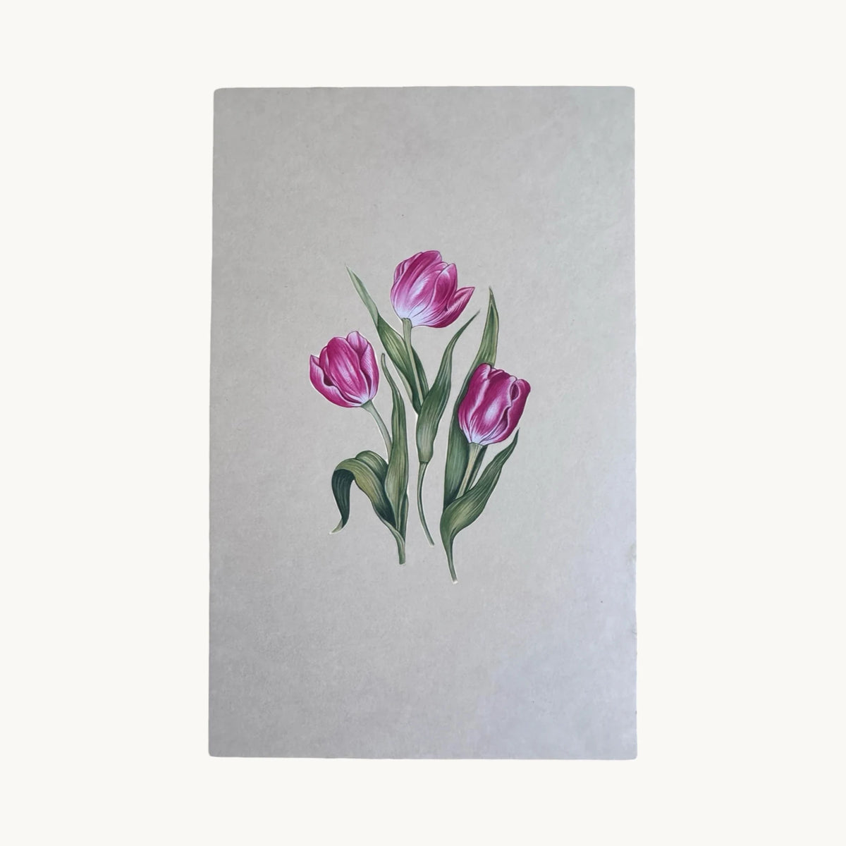 Original miniature painting of three magenta tulips with green leaves, on handmade paper