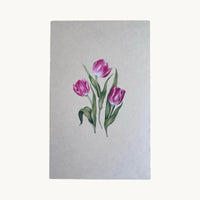 Original miniature painting of three magenta tulips with green leaves, on handmade paper