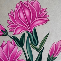 Close-up of pink flowers in bloom and bud with dark green leaves, painted on handmade paper