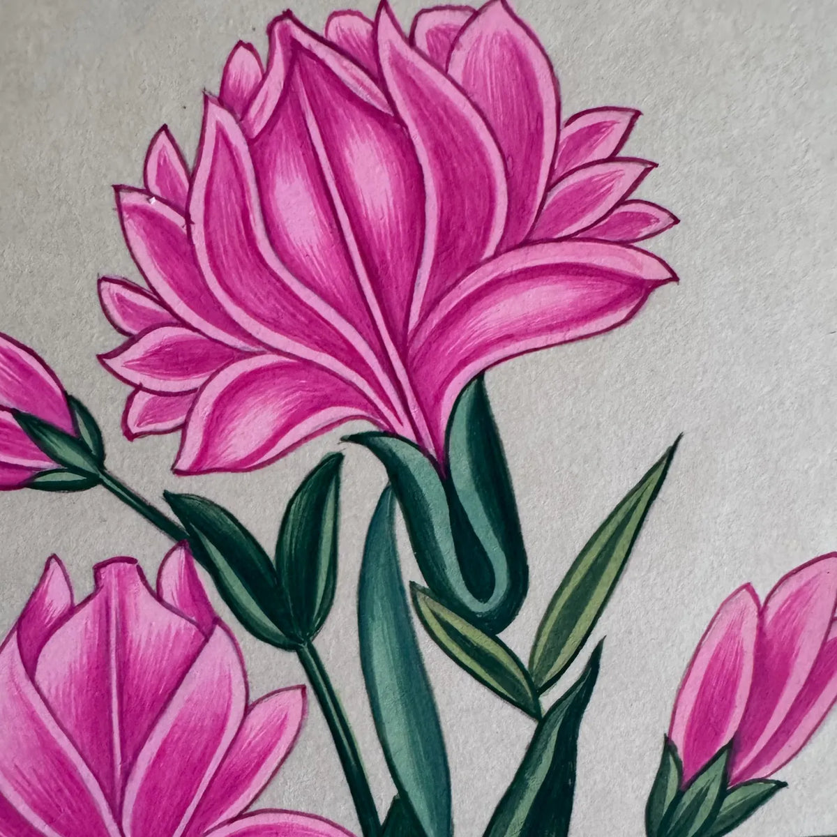 Close-up of pink flowers in bloom and bud with dark green leaves, painted on handmade paper