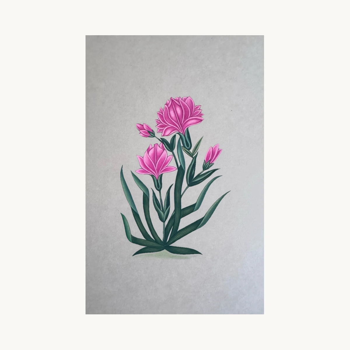 Original miniature painting of pink flowers in bloom and bud with long dark green leaves, on handmade paper