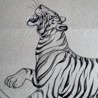 Close-up of a roaring tiger drawn in fine line work, with pencil guidelines visible on old paper