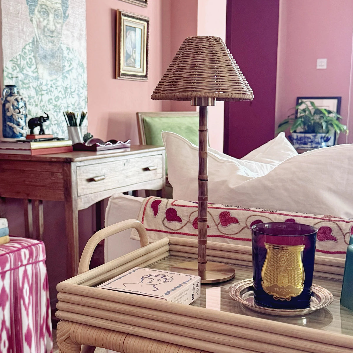 Cordless Bamboo & Rattan Table Lamp on a rattan bar cart