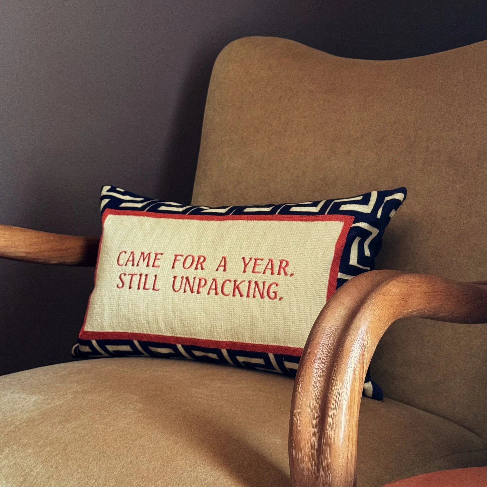 The Voyage Dubai - Came for a Year. Still Unpacking. Needlepoint Cushion