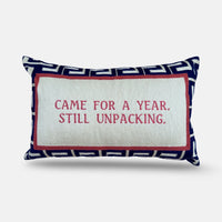 The Voyage Dubai - Came for a Year. Still Unpacking. Needlepoint Cushion