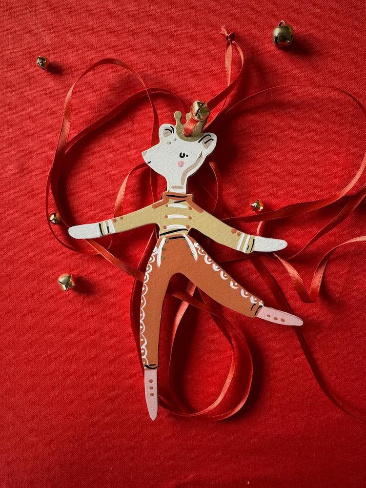Mouse Dancer in Ochre/Red Hand Painted Wooden Ornament by Alice Mary Lynch - The Voyage Dubai