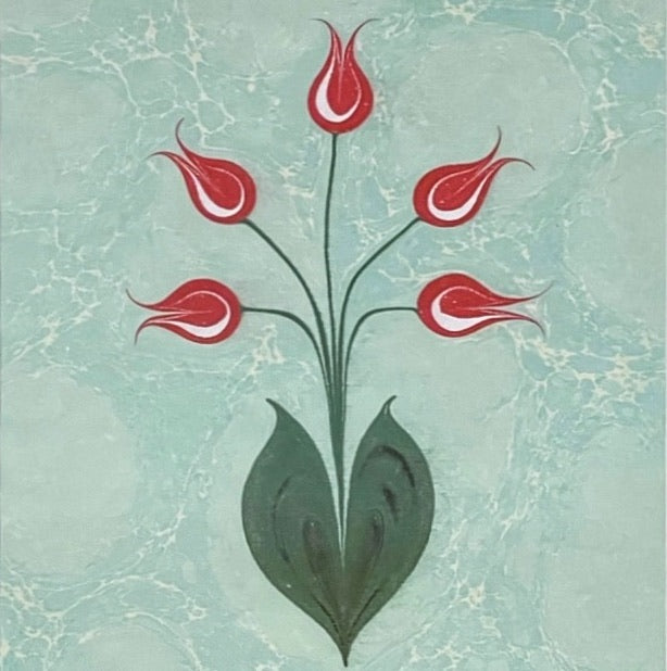 The Voyage Dubai - Hand painted tulips on marbled paper (Ebru).  Presented in a gilt, faux bamboo frame with forest green mat.