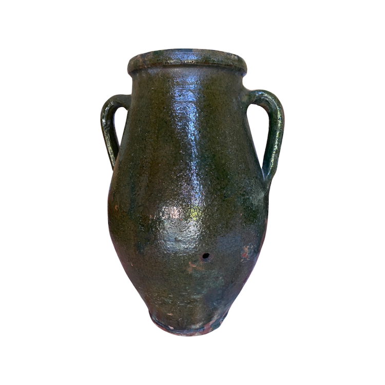 The Voyage Dubai - Vintage earthenware urn finished in a deep green glaze. The urn shows signs of age with a beautiful patina that adds charm and character.