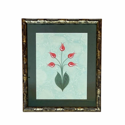 The Voyage Dubai - Hand painted tulips on marbled paper (Ebru).  Presented in a gilt, faux bamboo frame with forest green mat.