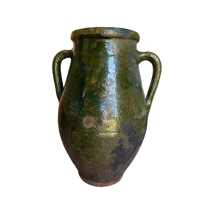 The Voyage Dubai - Vintage earthenware urn finished in a deep green glaze. The urn shows signs of age with a beautiful patina that adds charm and character.