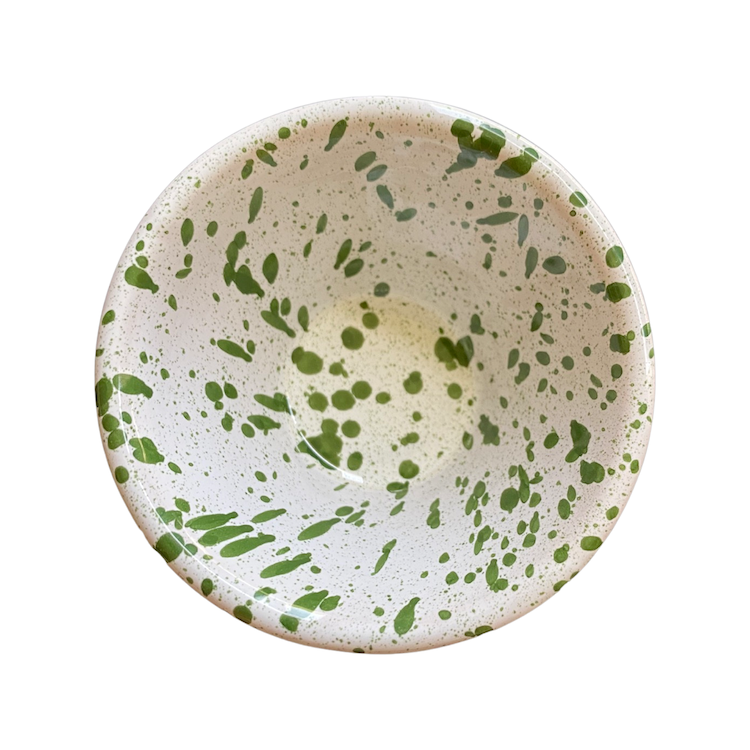 Splatter Salt/Olive Oil Bowl (Zingla) in Green  A wonderful addition to the tablescape in the distinctive and traditional Mediterranean 'splatter' pattern.  Beautiful and versatile, adding charm and character, the zingla bowl is a staple in every Maltese household, traditionally used for myriad domestic purposes. Use these as salt bowls or dipping bowls.