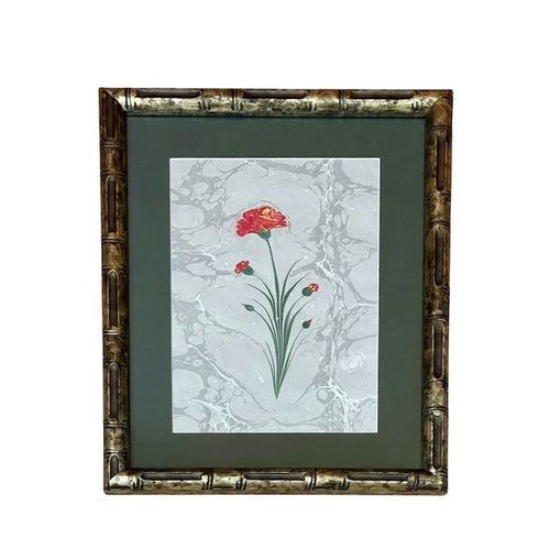 The Voyage Dubai - Hand painted carnation flowers on marbled paper (Ebru).  Presented in a gilt, faux bamboo frame with forest green mat.