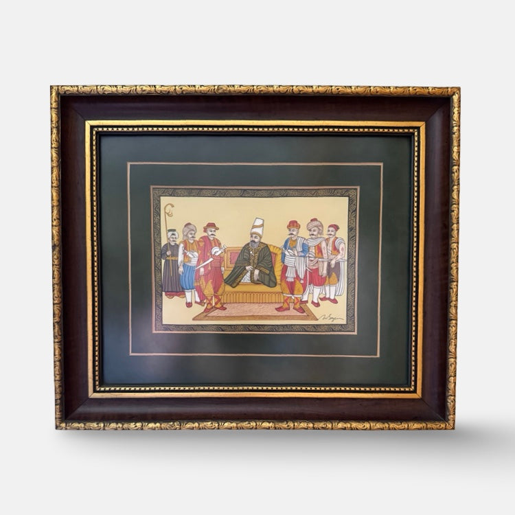 The Voyage Dubai - An original signed Turkish Miniature painting presented in a mahogany and gold frame with forest green matting and an intricate hand painted border.