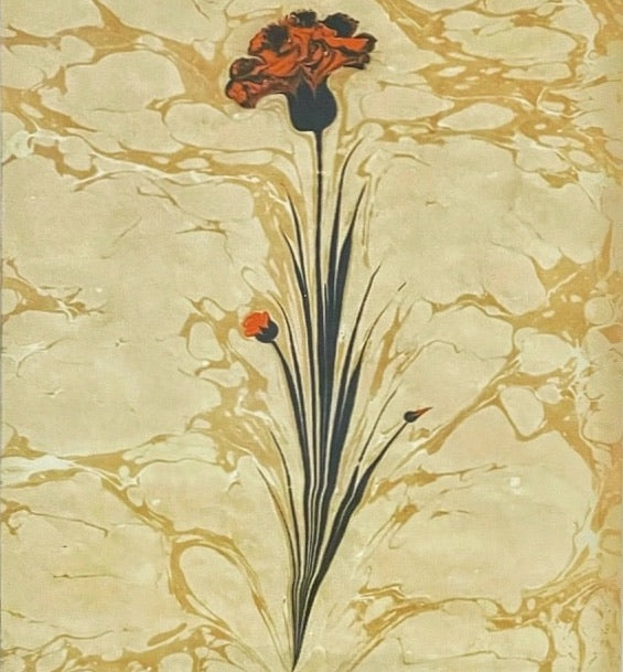 The Voyage Dubai - Hand painted carnation flowers on marbled paper (Ebru).  Presented in a gilt, faux bamboo frame with forest green mat.