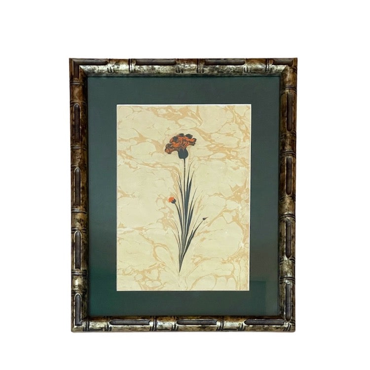 The Voyage Dubai - Hand painted carnation flowers on marbled paper (Ebru).  Presented in a gilt, faux bamboo frame with forest green mat.