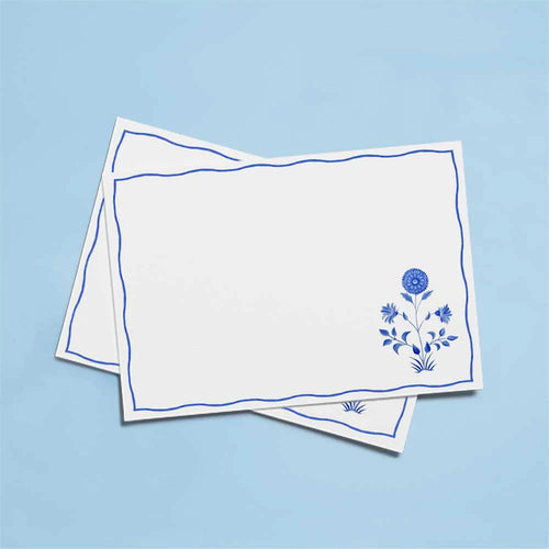 The Voyage Dubai - Blue Flower Note Cards by Aquarela  Originally illustrated in watercolour by Portuguese artist India who draws inspiration from her home in Comporta and summers spent in the Bahamas.  Printed on luxury 300gsm textured paper.  Size: A6  Sold in packs of ten without envelopes.