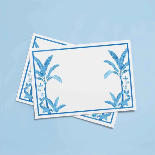 The Voyage Dubai - Blue Palms Notecards by Aquarela  Originally illustrated in watercolour by Portuguese artist India who draws inspiration from her home in Comporta and summers spent in the Bahamas.  Printed on luxury 300gsm textured paper.  Size: A6  Sold in packs of ten without envelopes.