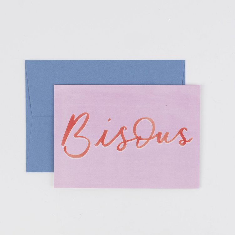 The Voyage Dubai. Bisous Card  Originally hand illustrated by British artist Kate Cronk in watercolour and gouache.  Printed on luxury 300gsm card with a corresponding blue envelope.  Blank inside for your own message.  A6 size 148x105mm.  Designed and printed in the U.K.