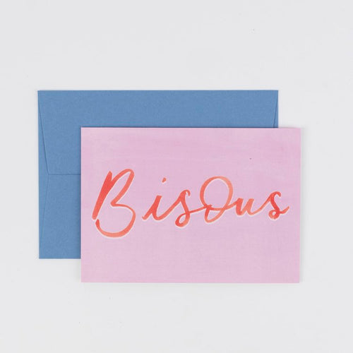 The Voyage Dubai. Bisous Card  Originally hand illustrated by British artist Kate Cronk in watercolour and gouache.  Printed on luxury 300gsm card with a corresponding blue envelope.  Blank inside for your own message.  A6 size 148x105mm.  Designed and printed in the U.K.