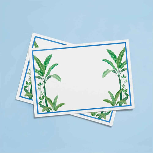 The Voyage Dubai - Green Palms Notecards by Aquarela  Originally illustrated in watercolour by Portuguese artist India who draws inspiration from her home in Comporta and summers spent in the Bahamas.  Printed on luxury 300gsm textured paper.  Size: A6  Sold in packs of ten without envelopes.