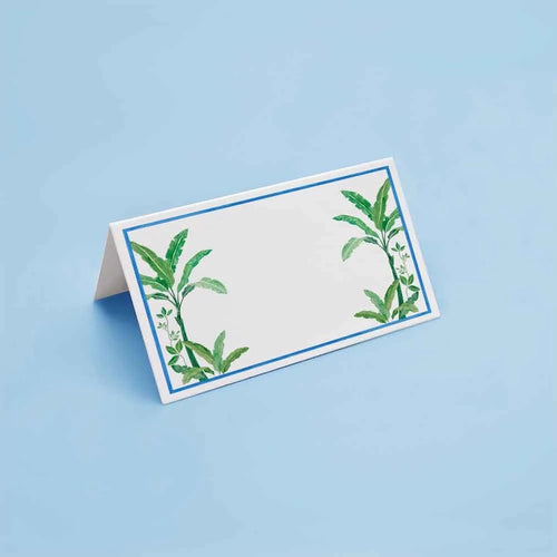 The Voyage Dubai - Green Palms Place Cards by Aquarela  Originally illustrated in watercolour by Portuguese artist India who draws inspiration from her home in Comporta and summers spent in the Bahamas.  Printed on luxury 200gsm textured paper.  Size: 10cm x 8cm   Sold in packs of twelve.