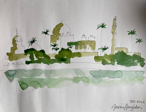 The Voyage Dubai - Eau de Nile Watercolour #4 A series of original watercolour sketches depicting scenes from the Nile, painted by renowned Interior Designer and artist Gavin Houghton for The Voyage Dubai. Original A4 watercolour sketch