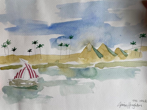 The Voyage Dubai - Eau de Nile Watercolour #2 A series of original watercolour sketches depicting scenes from the Nile, painted by renowned Interior Designer and artist Gavin Houghton for The Voyage Dubai. Original A4 watercolour sketch