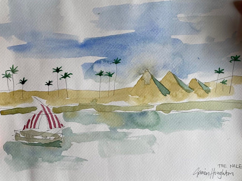 The Voyage Dubai - Eau de Nile Watercolour #2 A series of original watercolour sketches depicting scenes from the Nile, painted by renowned Interior Designer and artist Gavin Houghton for The Voyage Dubai. Original A4 watercolour sketch