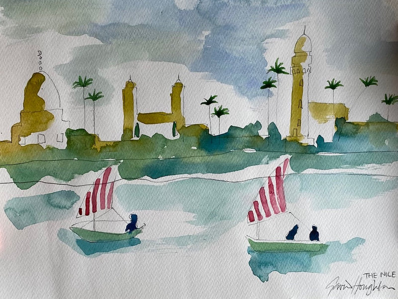 The Voyage Dubai - Eau de Nile Watercolour #1  A series of original watercolour sketches depicting scenes from the Nile, painted by renowned Interior Designer and artist Gavin Houghton for The Voyage Dubai.  Original A4 watercolour sketch