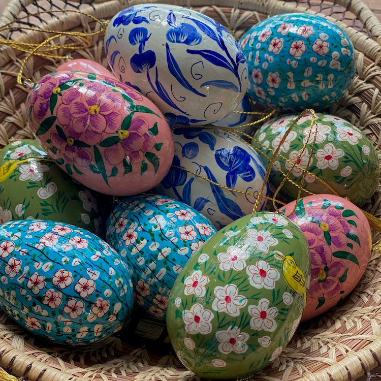 The Voyage Dubai - These decorative Easter eggs are handcrafted and painted by skilled artisans in beautiful kashmiri designs.  Made from willow wood and paper mache and individually painted in an assortment of rich, vibrant colours, they come ready with string for hanging and are finished with a gold tassel adding the final touch.  The perfect addition to your Easter tree or table. 