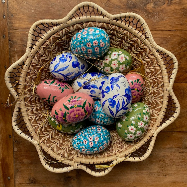 The Voyage Dubai - These decorative Easter eggs are handcrafted and painted by skilled artisans in beautiful kashmiri designs.  Made from willow wood and paper mache and individually painted in an assortment of rich, vibrant colours, they come ready with string for hanging and are finished with a gold tassel adding the final touch.  The perfect addition to your Easter tree or table. 