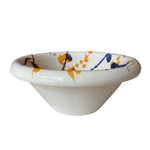 Splatter Condiment Bowl (Zingla) in Blue/Orange  A wonderful addition to the tablescape in the distinctive and traditional Mediterranean 'splatter' pattern.  Beautiful and versatile, adding charm and character, the zingla bowl is a staple in every Maltese household, traditionally used for myriad domestic purposes. Our bowls are the perfect size for serving nuts, chips and dips.