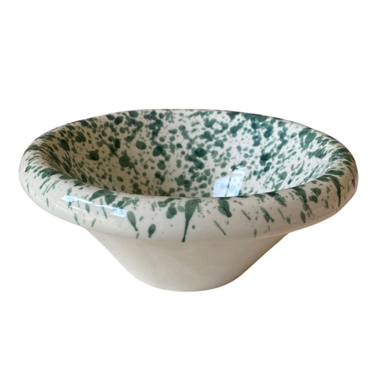 The Voyage Dubai - Splatter Condiment Bowl (Zingla) in Green  A wonderful addition to the tablescape in the distinctive and traditional Mediterranean 'splatter' pattern.  Beautiful and versatile, adding charm and character, the zingla bowl is a staple in every Maltese household, traditionally used for myriad domestic purposes. Our bowls are the perfect size for serving nuts, chips and dips.