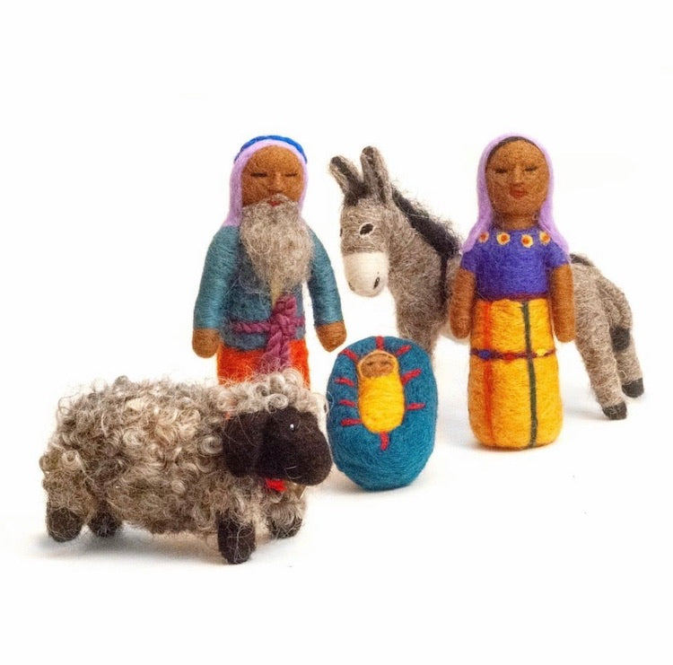 The Voyage Dubai - Felted Wool Mayan Nativity - 5 pcs set  Handmade in Guatemala, each Mayan woman creates her own delightfully unique rendition of the Holy Family
