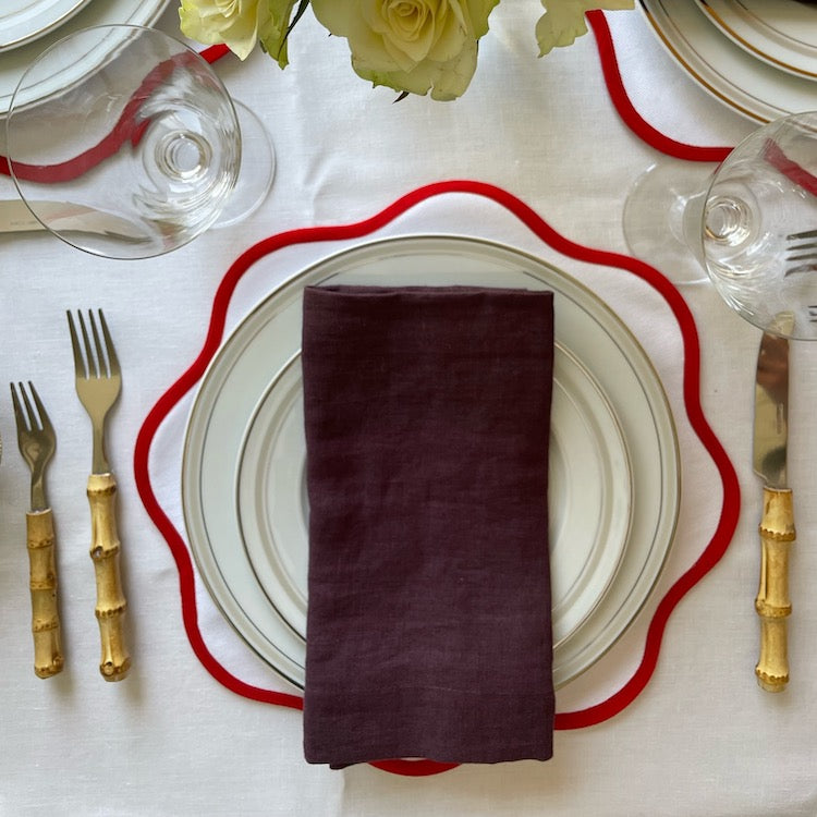 The Voyage Dubai - Linen Dinner Napkins Plum Our classic dinner napkins available in seven gorgeous colours to complement a multitude of table settings.  Our napkins are made with 100% European linen making them luxurious and long-lasting. 50x50cm